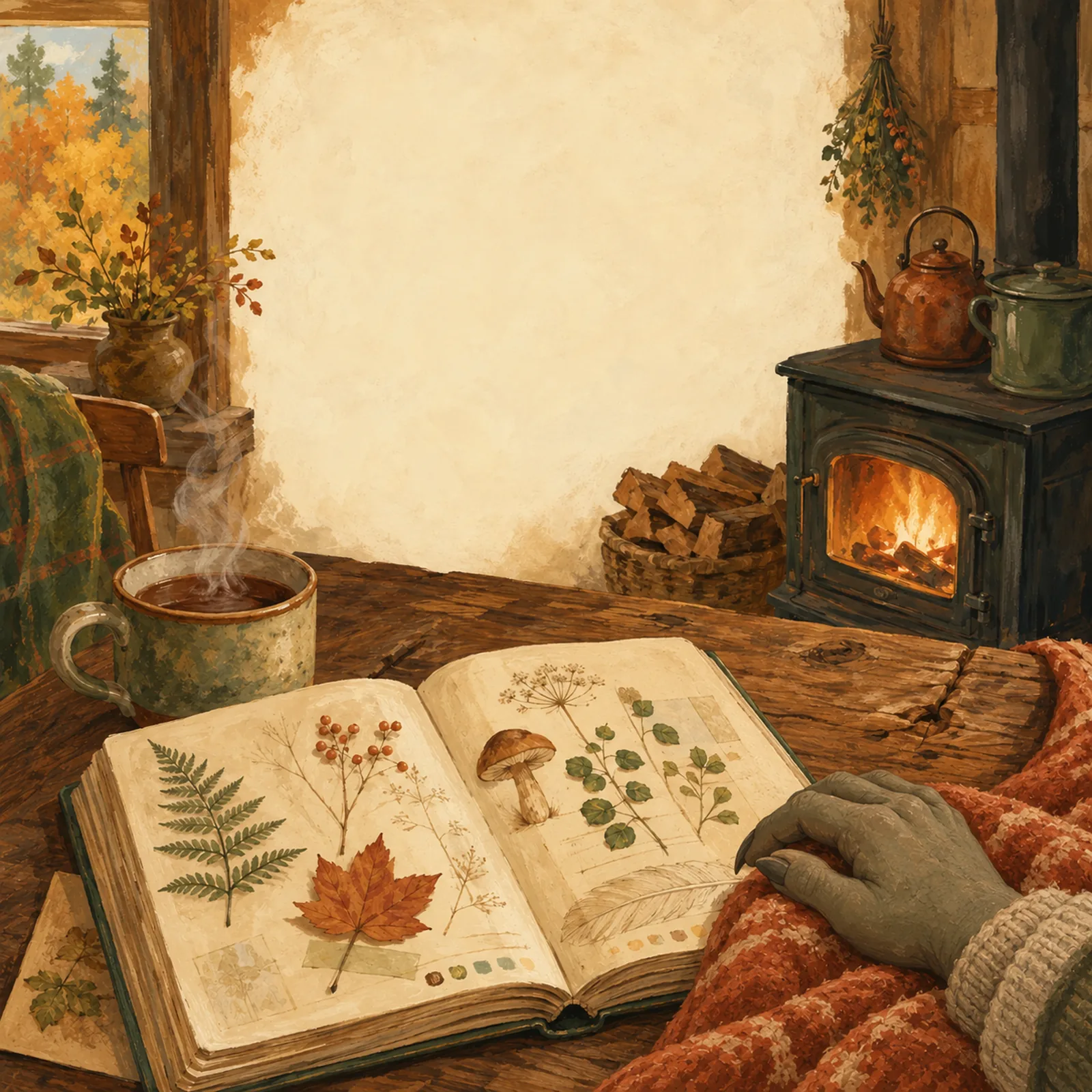 A mountain cabin scene in warm gouache — a naturalist's notebook open on a porch table, pines and mist beyond